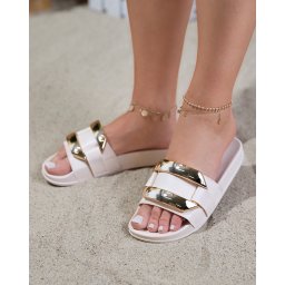 Resti Women's beige slippers with golden Serina ornament - Footwear