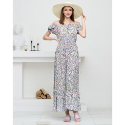 Resti Long summer green dress for women with purple flowers - Clothing
