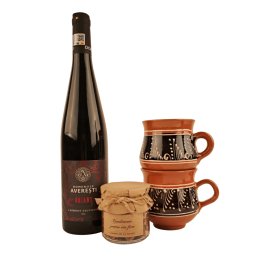 CADOU CU DOUA CANI, VIN ROSU SI CONDIMENTE PENTRU VIN FIERT (cod CAD815)