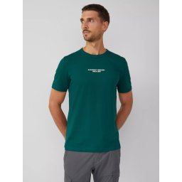 s.Oliver Tricou barbati, Regular fit cu decolteu la baza gatului si imprimeu cu text, Verde inchis (SELECTATI MARIMEA: L)