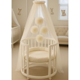 Baldachin Pentru Patut Bebe Tull Crem Cu Pompoane cu Suport Inclus AnneBebe Crem