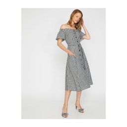 Rochie Koton Midi cu curele negre pentru femei Buton maneci scurte Detaliu Talie legata