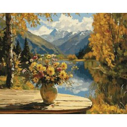 Set pictura pe numere, cu sasiu, Flori sub cerul montan, 40x50 cm