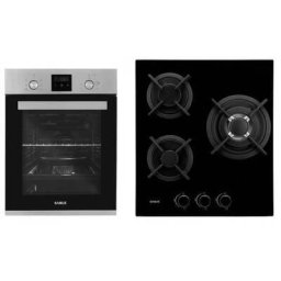 Pachet Samus 45-XB3 Cuptor incorporabil Samus SCE458GTXV, 1900 W, 43 l, 6 functii, Clasa A, Grill, Timer, Ventilator + Plita incorporabila Samus PSG-43SG1, 3 arzatoare pe gaz, panou de control, Sticla, Negru