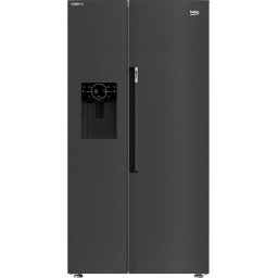 Side-by-Side Beko, tehnologie racire No Frost,Water dispenser, Ice machine, vol net 571 l, clasa energetica E, afisaj electronic, HarvestFresh, control Touch, lumina interioara (LED), functie congelare rapida, rafturi sticla, Dark inox