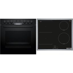 Setul Bosch HND616LS63 este format din aragazul incorporabil HEG517BB4, 71 l, 10 programe automate pentru gatit, si plita cu inductie NVS645CB6E, 4 zone de gatit, 17 niveluri de putere