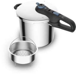 Oala sub presiune Tefal Secure Trendy P2584401, 8l, 2 programe (carne si legume), 5 sisteme de siguranta, controlul presiunii, Argintiu