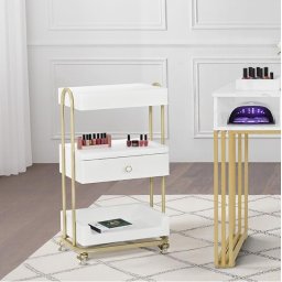 CMAU201 - Carucior 51 cm, cu Rafturi si Roti, masuta manichiura, ucenic cosmetica, masa coafor - Alb - Imitatie de marmura - Auriu
