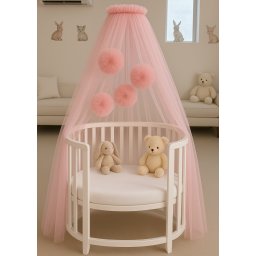 Baldachin Pentru Patut Bebe Tull Roz Cu Pompoane cu Suport Inclus AnneBebe Roz