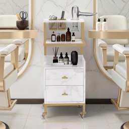 CMAU202 - Carucior 37 cm, cu Rafturi si Roti, masuta manichiura, ucenic cosmetica, masa coafor - Alb - Imitatie de marmura / Negru - Auriu