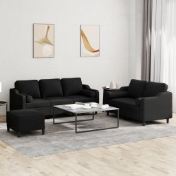 Set de canapele cu perne, 3 piese, negru, textil GartenMobel Dekor