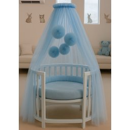 Baldachin Pentru Patut Baieti Tull Bleu Deschis Cu Pompoane cu Suport Inclus AnneBebe Bleu