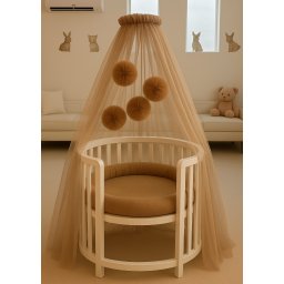 Baldachin Pentru Patut Bebe Tull Bej Inchis Cu Pompoane cu Suport Inclus AnneBebe Bej