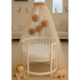 Baldachin Pentru Patut Bebe Tull Cappuccino Cu Pompoane cu Suport Inclus AnneBebe Cappuccino Deschis