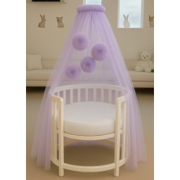 Baldachin Pentru Patut Bebe Tull Mov Deschis Cu Pompoane cu Suport Inclus AnneBebe Mov Deschis