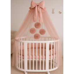 Baldachin Pentru Patut Fetite Tull Roz Pudra Cu Pompoane si Funda cu Suport Inclus AnneBebe Roz Pudra