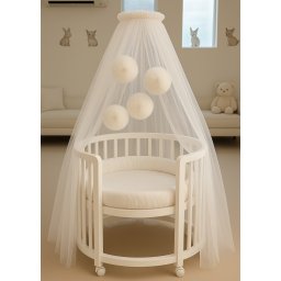 Baldachin Pentru Patut Unisex Tull Alb Cu Pompoane cu Suport Inclus AnneBebe Alb