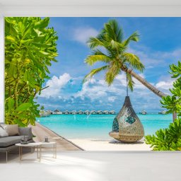 Fototapet Peisaj Maldive cu Balansoar pe Plajă PIN46 (Alege materialul: : Autocolant Perete Laminat Mat)