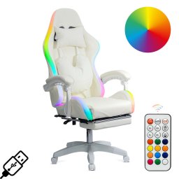 Scaun gaming ergonomic crem din piele sintetică cu suport de picioare si iluminare RGB OFF 298