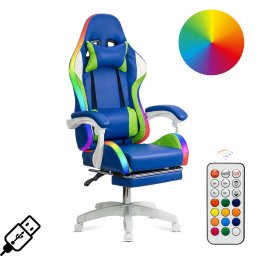 Scaun gaming ergonomic albastru din piele sintetică și bază albă cu iluminare RGB OFF 298