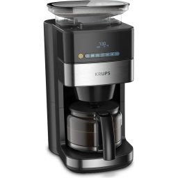 Cafetiera Krups Grind&Brew KM832810, vas din sticla, 1.25L, rasnita de cafea metalica, 3 setari, display digital, cronometru, Negru/Metalic