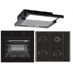 Cuptor Pachet cuptor electric, plita gaz si hota telescopica Trio Mirage Iseo Black Studio Casa, 56 l, Clasa energetica A, 6 functii, 4 arzatoare gaz, 2 motoare, Negru