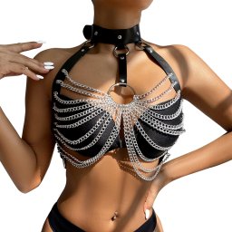 SuperLove Leather Chest Harness with Big Ring Chains Black
