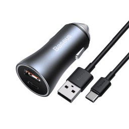 Baseus Golden Contactor Pro încărcător auto, USB + USB-C, QC4.0+, PD, SCP, 40W (gri) + cablu USB la USB-C 1m (negru)