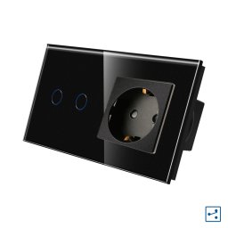 Intrerupator Dublu Cap Scara / Cruce + Priza cu Rama din Sticla LUXION, Serie A SmartElectro IntelligentHouse