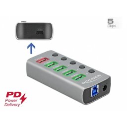 HUB USB 3.2 Gen 1 cu 4 porturi + 1 Fast Charging + 1 USB-C PD 3.0 cu iluminare + switch ON/Off, Delock 63263