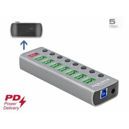 HUB USB 3.2 Gen 1 cu 7 porturi + 1 Fast Charging + 1 USB-C PD 3.0 cu iluminare + switch ON/Off, Delock 63264