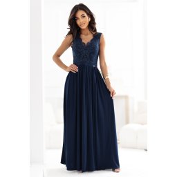 215-6 LEA long elegant maxi dress with lace top and slit on the leg - navy blue