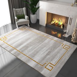 Covor Model 28025-101, Marime 60 x 110 cm, Auriu, Gri, Inaltime Fir 8 mm, Antialergic, Polipropilena, Living, Dormitor, Sufragerie, Birou