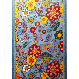 Traversa Camera Copii Festonata Surfilata, Model Flori 1177 51-A5, Tesatura Plata, Latime 1m, Marime 100 x 700 cm, Albastru, Antialergic, Polipropilena, Gradinita, Cresa, Loc de Joaca