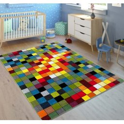 Covor Camera Copii Patratele 11161-130, Marime 80 x 150 cm, Multicolor, Inaltime Fir 9 mm, Antialergic, Polipropilena, Gradinita, Cresa, Loc de Joaca