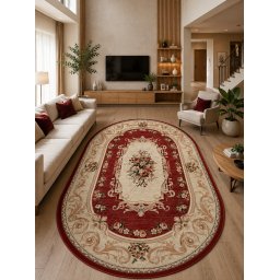 Covor Oval Lotos 535-210, Marime 80 x 150 cm, Crem, Rosu, Inaltime Fir 8 mm, Antialergic, Polipropilena, Living, Dormitor, Sufragerie, Birou