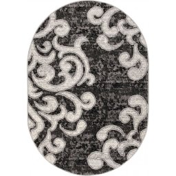 Covor Oval Ramuri 16028-610, Marime 80 x 150 cm, Alb, Gri, Negru, Inaltime Fir 7 mm, Antialergic, Polipropilena, Living, Dormitor, Sufragerie, Birou