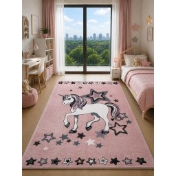 Covor Camera Copii Unicorn 18052-120, Marime 160 x 230 cm, Roz, Inaltime Fir 8 mm, Antialergic, Polipropilena, Gradinita, Cresa, Loc de Joaca