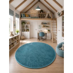 Covor Rotund Camera Copii Kolibri 11000-140, Marime 80 x 80 cm, Albastru, Inaltime Fir 9 mm, Antialergic, Polipropilena, Gradinita, Cresa, Loc de Joaca