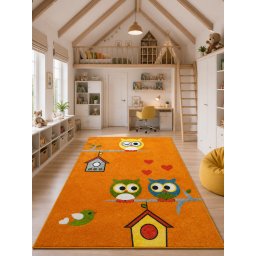 Covor Camera Copii Bufnite 11205-160, Marime 160 x 230 cm, Portocaliu, Inaltime Fir 9 mm, Antialergic, Polipropilena, Gradinita, Cresa, Loc de Joaca