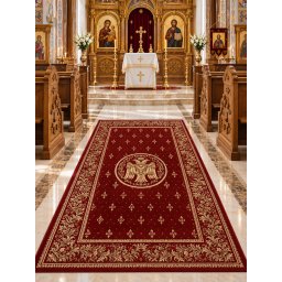 Covor Bisericesc Lotos 15032-210, Imprimeu cu Vultur Bicefal, Marime 120 x 170 cm, Grena, Rosu, Inaltime Fir 8 mm, Antialergic, Polipropilena, Manastire, Biserica, Altar, Naos, Pronaos, Capela