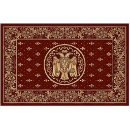 Covor Bisericesc Lotos 15077-210, Imprimeu cu Vultur Bicefal, Marime 250 x 350 cm, Grena, Rosu, Inaltime Fir 8 mm, Antialergic, Polipropilena, Manastire, Biserica, Altar, Naos, Pronaos, Capela