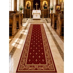 Covor Bisericesc Lotos 15033-210, Marime 80 x 150 cm, Grena, Rosu, Inaltime Fir 8 mm, Antialergic, Polipropilena, Manastire, Biserica, Altar, Naos, Pronaos, Capela, Chilie, Hol, Birou