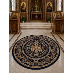 Covor Rotund Bisericesc Lotos 15032-810, Imprimeu cu Vultur Bicefal, Marime 300 x 300 cm, Albastru, Inaltime Fir 8 mm, Antialergic, Polipropilena, Manastire, Biserica, Altar, Naos, Pronaos