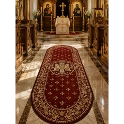 Covor Oval Bisericesc Lotos 15032-210, Imprimeu cu Vultur Bicefal, Marime 100 x 200 cm, Grena, Rosu, Inaltime Fir 8 mm, Antialergic, Polipropilena, Manastire, Biserica, Altar, Naos, Pronaos