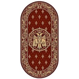 Covor Oval Bisericesc Lotos 15032-210, Imprimeu cu Vultur Bicefal, Marime 250 x 350 cm, Grena, Rosu, Inaltime Fir 8 mm, Antialergic, Polipropilena, Manastire, Biserica, Altar, Naos, Pronaos