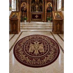 Covor Rotund Bisericesc Lotos 15032-210, Imprimeu Vultur Bicefal, Marime 300 x 300 cm, Grena, Inaltime Fir 8 mm, Grosime 9 mm, Antialergic, Polipropilena, Altar, Naos, Pronaos, Amvon, Capela, M