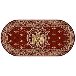 Covor Oval Bisericesc Lotos 15077-210, Imprimeu cu Vultur Bicefal, Marime 250 x 350 cm, Grena, Rosu, Inaltime Fir 8 mm, Antialergic, Polipropilena, Manastire, Biserica, Altar, Naos, Pronaos