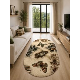 Covor Oval Fluturi 1607-110, Marime 60 x 110 cm, Bej, Maro, Inaltime Fir 8 mm, Antialergic, Polipropilena, Living, Dormitor, Sufragerie, Birou