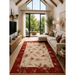 Covor Lotos 551-120, Marime 200 x 300 cm, Crem, Rosu, Inaltime Fir 8 mm, Antialergic, Polipropilena, Living, Dormitor, Sufragerie, Birou
